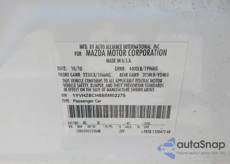 2011 Mazda Mazda6 I Touring Plus из США, поврежденный, VIN 1YVHZ8CH8B5M02275